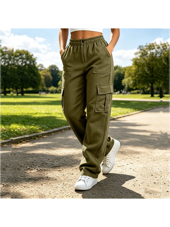Womens Cargo Sweatpants Multi Flap Patch Pockets Button Elastic High Waist Loose Straight Solid Color Casual Streetwear Athletic Daily Trousers