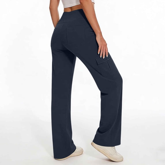 Costeam Womens Cargo Wide Leg Pants High Waist Tummy Control with Side Flap Cargo Pockets 4 Way Stretch Soft Wrinkle Resistant Loose Straight Full Length Relaxed Fit Casual Utility Trousers