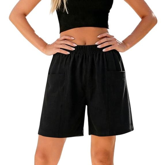 Costeam Womens Casual Summer Shorts Solid Color Loose Straight Leg with Side Pockets Elastic Drawstring High Waist Lightweight Airy Soft Relaxed Fit Knee Length Daily Bottoms