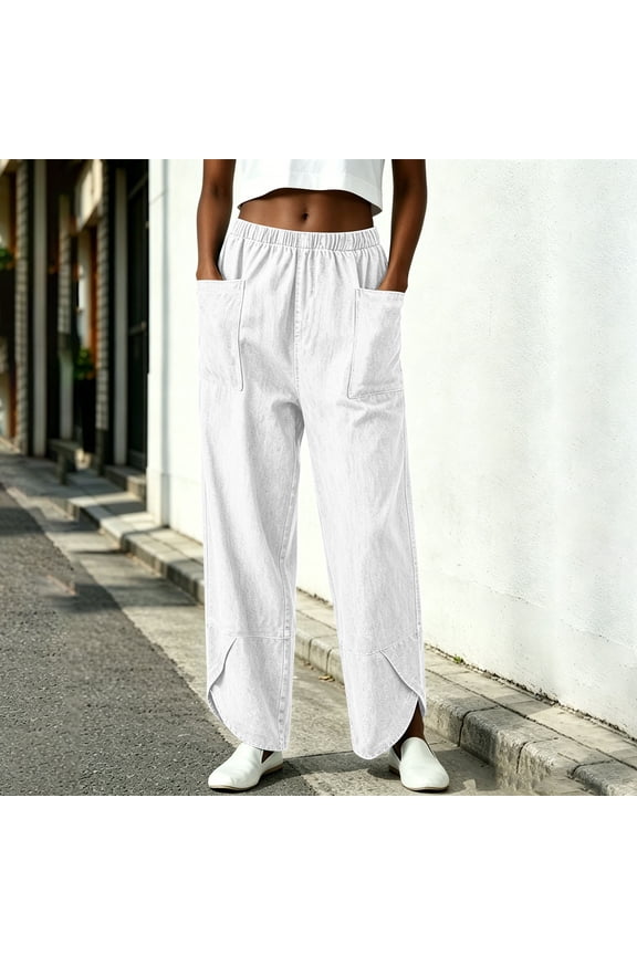 Womens Chambray Wide Leg Pants Split Curved Hem Dual Oversized Patch Pockets Elastic Drawstring Waist Loose Casual Lightweight Denim Trousers