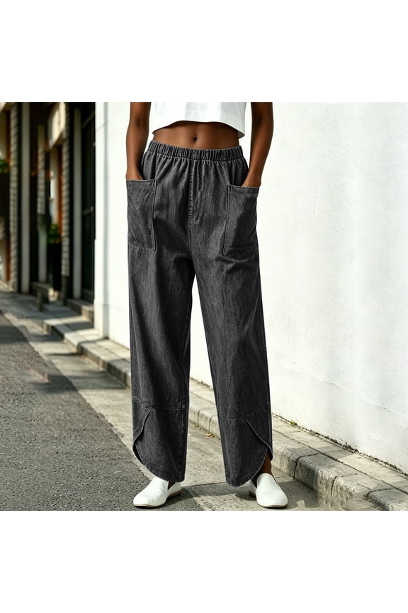 Womens Chambray Wide Leg Pants Split Curved Hem Dual Oversized Patch Pockets Elastic Drawstring Waist Loose Casual Lightweight Denim Trousers