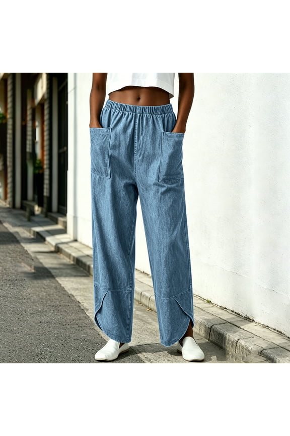 Womens Chambray Wide Leg Pants Split Curved Hem Dual Oversized Patch Pockets Elastic Drawstring Waist Loose Casual Lightweight Denim Trousers