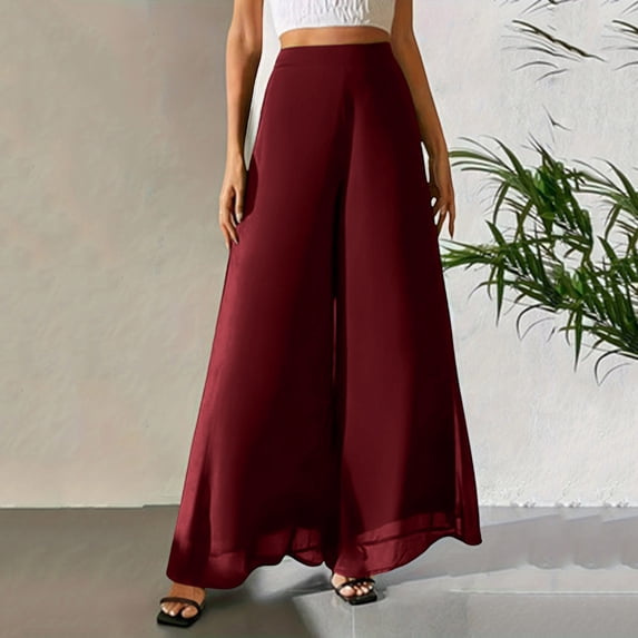 Costeam Womens Chiffon High Waist Wide Leg Pants Full Inner Lining Side Slip Pockets Full Length Lightweight Flowy Loose Straight Casual Dress Trousers