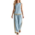 thumbnail image 1 of Costeam Womens Color Block Stripe Two Piece Matching Outfit Crew Neck Sleeveless Tank Top Side Slip Pockets Loose Full Elastic High Waist Wide Leg Pants Lightweight Set, 1 of 9