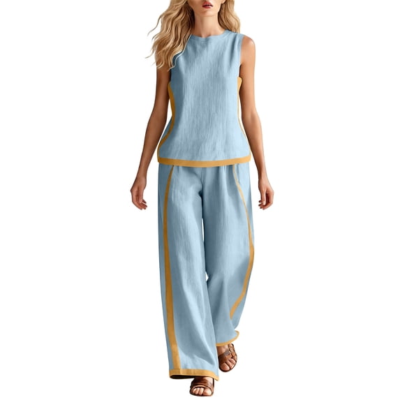 Costeam Womens Color Block Stripe Two Piece Matching Outfit Crew Neck Sleeveless Tank Top Side Slip Pockets Loose Full Elastic High Waist Wide Leg Pants Lightweight Set