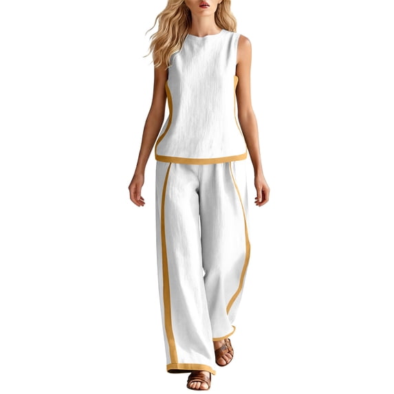 Costeam Womens Color Block Stripe Two Piece Matching Outfit Crew Neck Sleeveless Tank Top Side Slip Pockets Loose Full Elastic High Waist Wide Leg Pants Lightweight Set