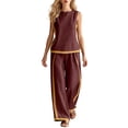 thumbnail image 1 of Costeam Womens Color Block Stripe Two Piece Matching Outfit Crew Neck Sleeveless Tank Top Side Slip Pockets Loose Full Elastic High Waist Wide Leg Pants Lightweight Set, 1 of 9