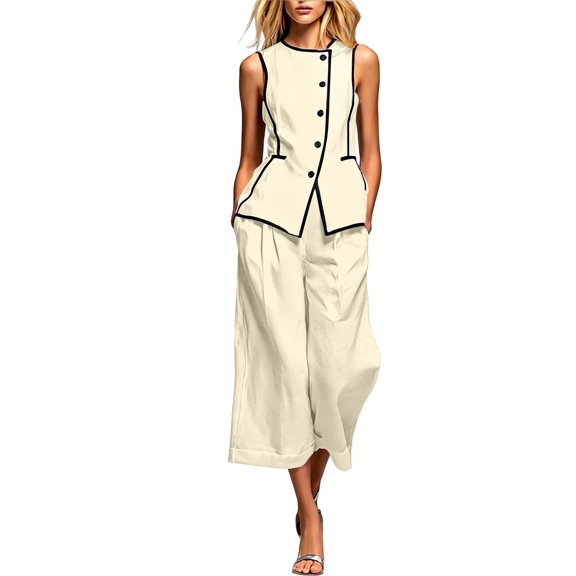 Costeam Womens Contrast Piping Sleeveless Vest and Roll Cuff Wide Leg Pants Two Piece Outfit Button Front Top with Side Pockets Elastic Waist Solid Color Casual Set Multi Color