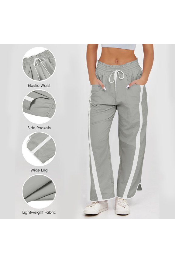 Womens Contrast Side Stripe Capri Wide Leg Pants Dual Side Hand Pockets Adjustable Drawstring Elastic High Waist Curved Split Hem Loose Casual Trousers