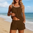 thumbnail image 1 of Costeam Womens Contrast White Trim Spaghetti Strap 2 Piece Outfit Set Loose Sleeveless Tank Top and Pull On Shorts with Side Pockets Elastic High Waist Solid Color Casual Matching Loungewear Suit, 1 of 9