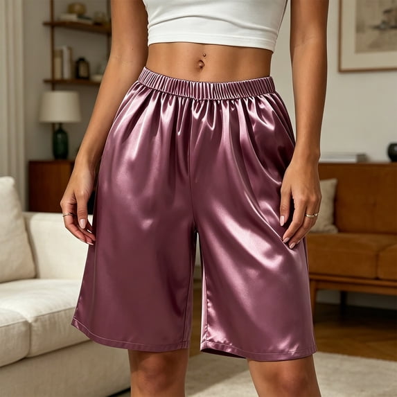 Costeam Womens Cooling Silky Knit Bermuda Shorts No Pockets Full Elastic High Waist Lightweight Breathable Wrinkle Free Loose Mid Knee Casual Short Bottoms