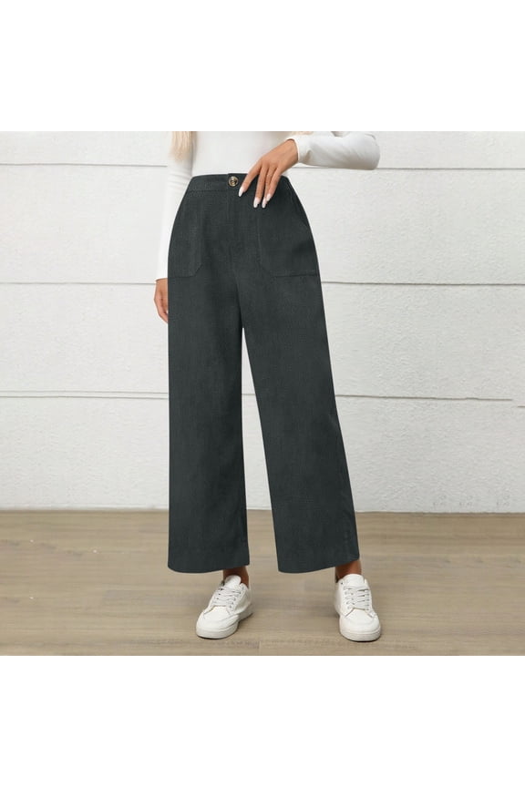Womens Corduroy Ankle Wide Leg Pants Side Patch Pockets Button High Waist Solid Color Casual Cropped Trousers