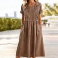 thumbnail image 1 of Costeam Womens Cotton Linen Midi Boho Dress Crew Neck Cuffed Short Sleeve Floral Embroidery Loose Flowy Sundress Side Pockets Casual Relaxed Fit Pleated Waist A Line Dresses, 1 of 8