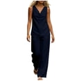 thumbnail image 1 of Costeam Womens Cowl Neck Sleeveless Linen Two Piece Outfit Relax Tank Top Wide Leg Full Length Pants Side Pocket Casual Co Ord Set, 1 of 7