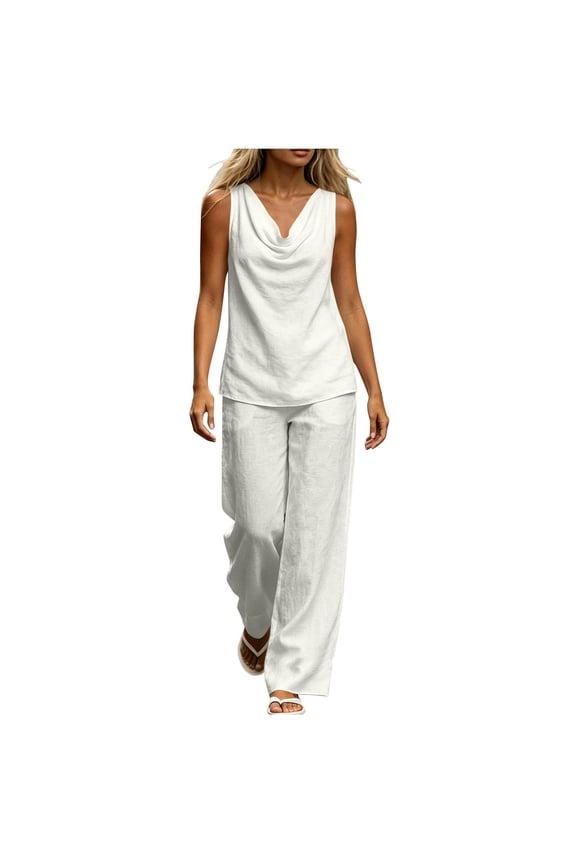 Womens Cowl Neck Sleeveless Linen Two Piece Outfit Relax Tank Top Wide Leg Full Length Pants Side Pocket Casual Co Ord Set