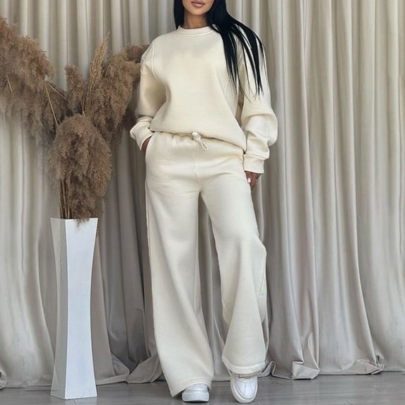 Costeam Womens Crew Neck Long Sleeve Sweatshirt 2 Piece Outfit Side Pockets Drawstring Elastic High Waist Wide Leg Pant Solid Color Casual Tracksuit Loungewear Set