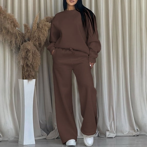 Costeam Womens Crew Neck Long Sleeve Sweatshirt 2 Piece Outfit Side Pockets Drawstring Elastic High Waist Wide Leg Pant Solid Color Casual Tracksuit Loungewear Set