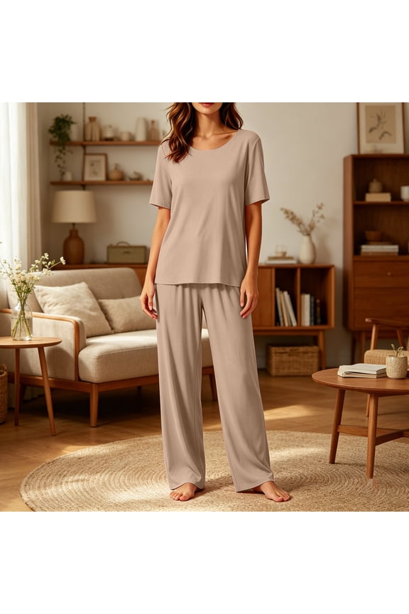 Womens Crew Neck Short Sleeve 2 Piece Pajama Set Loose Wide Leg Full Length Pants No Pockets Solid Color Soft Modal Knit Pull On Elastic Waist Loungewear Sleep Suit