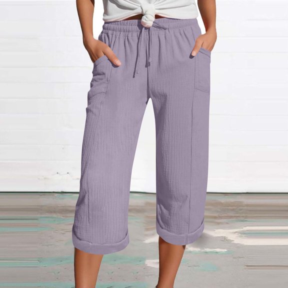 Costeam Womens Crinkle Gauze Capri Pants Elastic Drawstring Waist with Rolled Hem and Side Pockets Loose Fit Lightweight Breathable Casual Cropped Pants Multi Color Everyday Wear