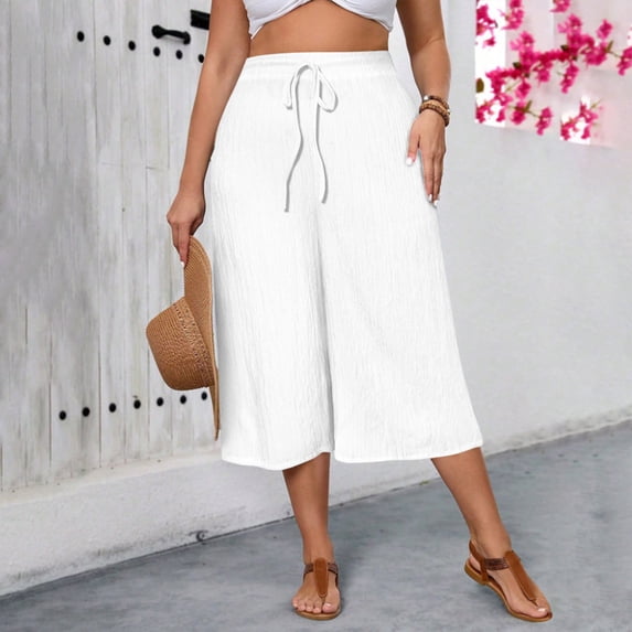 Costeam Womens Crinkle Textured Capri Culotte Pants Drawstring Elastic High Waist Dual Side Pockets Lightweight Solid Color Loose Casual Cropped Trousers