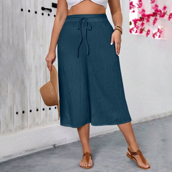 Costeam Womens Crinkle Textured Capri Culotte Pants Drawstring Elastic High Waist Dual Side Pockets Lightweight Solid Color Loose Casual Cropped Trousers