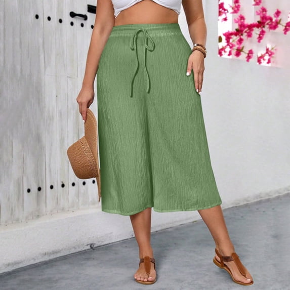 Costeam Womens Crinkle Textured Capri Culotte Pants Drawstring Elastic High Waist Dual Side Pockets Lightweight Solid Color Loose Casual Cropped Trousers