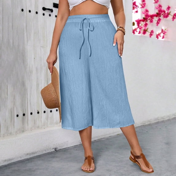 Costeam Womens Crinkle Textured Capri Culotte Pants Drawstring Elastic High Waist Dual Side Pockets Lightweight Solid Color Loose Casual Cropped Trousers