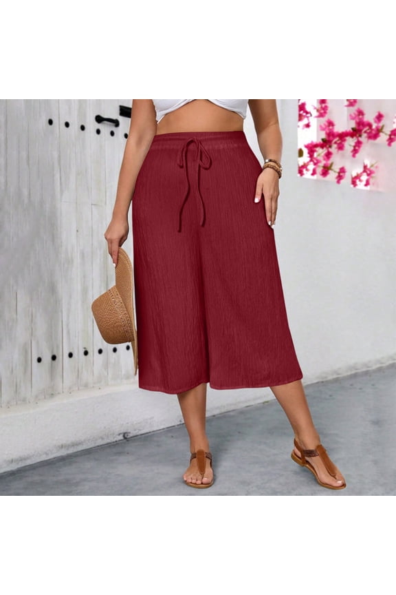 Womens Crinkle Textured Capri Culotte Pants Drawstring Elastic High Waist Dual Side Pockets Lightweight Solid Color Loose Casual Cropped Trousers