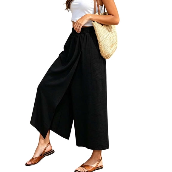 Costeam Womens Crinkle Textured Split Front Wide Leg Capri Pants with Side Patch Pockets Elastic High Waist Lightweight Breathable Fabric Solid Color Cropped Casual Trousers Multi Color