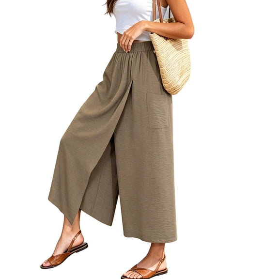 Costeam Womens Crinkle Textured Split Front Wide Leg Capri Pants with Side Patch Pockets Elastic High Waist Lightweight Breathable Fabric Solid Color Cropped Casual Trousers Multi Color