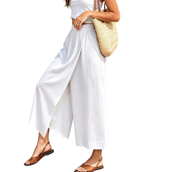 Costeam Womens Crinkle Textured Split Front Wide Leg Capri Pants with Side Patch Pockets Elastic High Waist Lightweight Breathable Fabric Solid Color Cropped Casual Trousers Multi Color