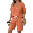 thumbnail image 1 of Costeam Womens Crinkled Gauze 2 Piece Casual Outfit Half Button V Neck Roll Sleeve Tops Elastic Drawstring High Waist Shorts with Side Pockets Breathable Summer Loungewear Matching Sets, 1 of 5