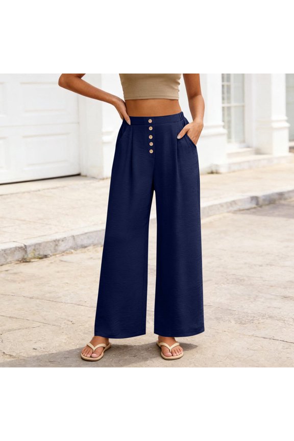 Womens Crinkled Satin Wide Leg Pants Dual Side Hand Pockets Front Button Decor Half Elastic Waist Loose Flow Full Length Lightweight Casual Long Trousers