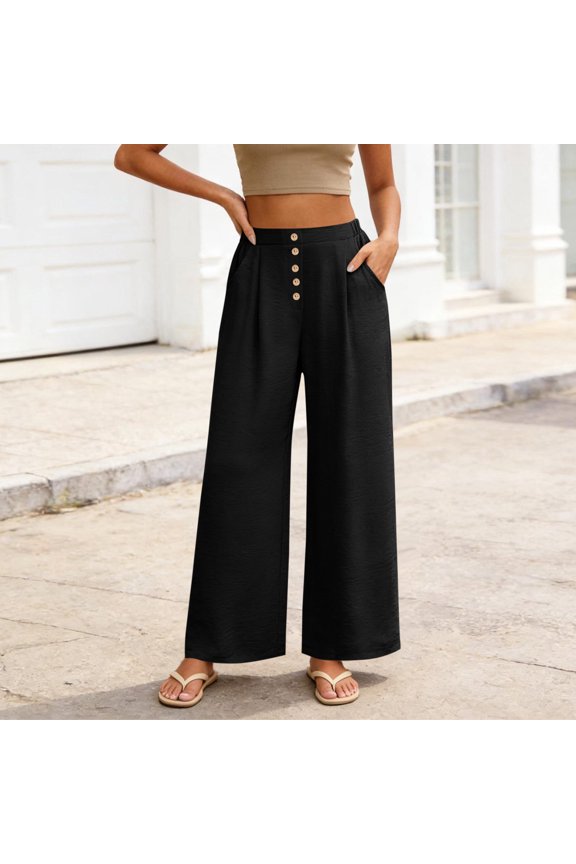Womens Crinkled Satin Wide Leg Pants Dual Side Hand Pockets Front Button Decor Half Elastic Waist Loose Flow Full Length Lightweight Casual Long Trousers