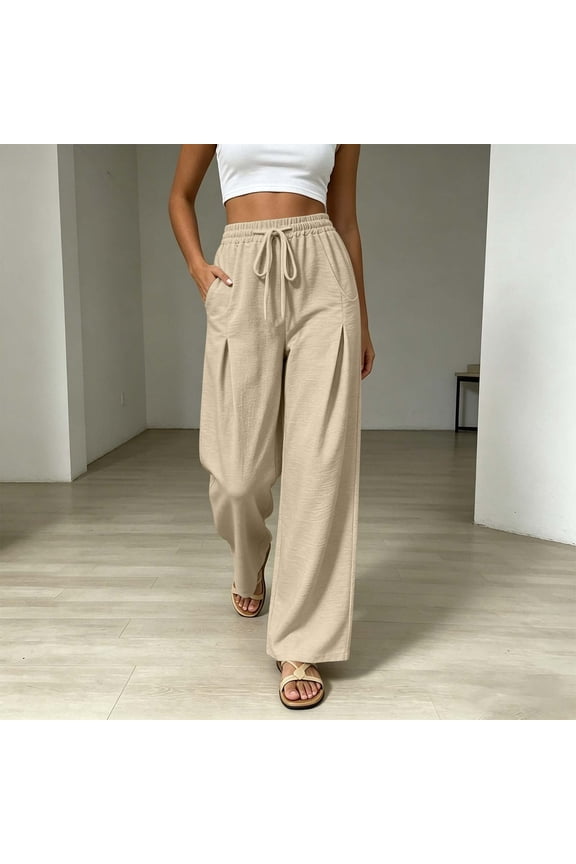 Womens Crinkled Textured Straight Leg Casual Pants Dual Side Slip Pockets Ruched Waist Detail Drawstring Full Elastic High Waist Wrinkle Resistant Loose Full Length Lounge Trousers
