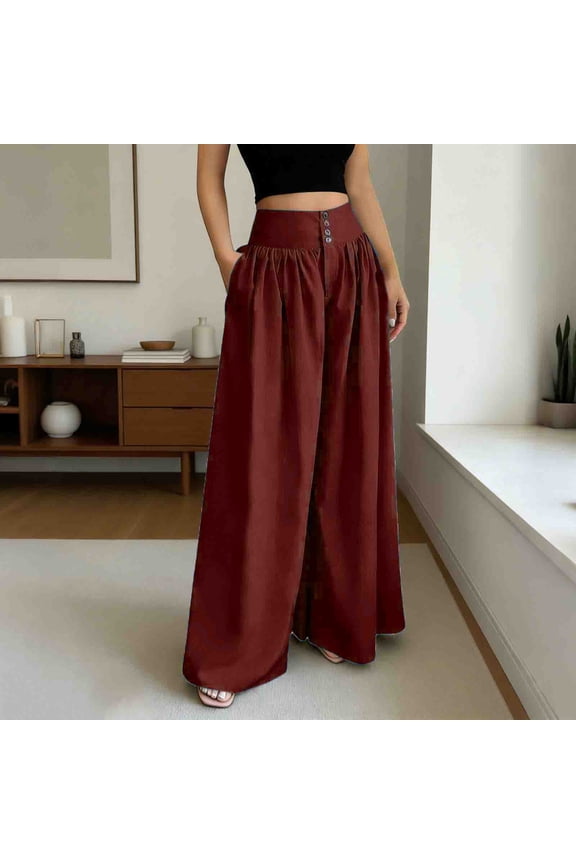 Womens Crinkled Textured Wide Leg Palazzo Pants Dual Side Slip Pockets Drawstring Full Elastic High Waist Wrinkle Resistant Loose Full Length Casual Lounge Trousers