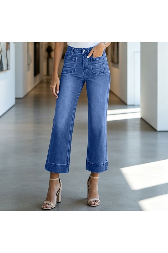 Womens Cropped Flare Jeans Dual Square Patch Front Pockets Button Zipper Fly High Waist Washed Denim Casual Ankle Length Bottoms