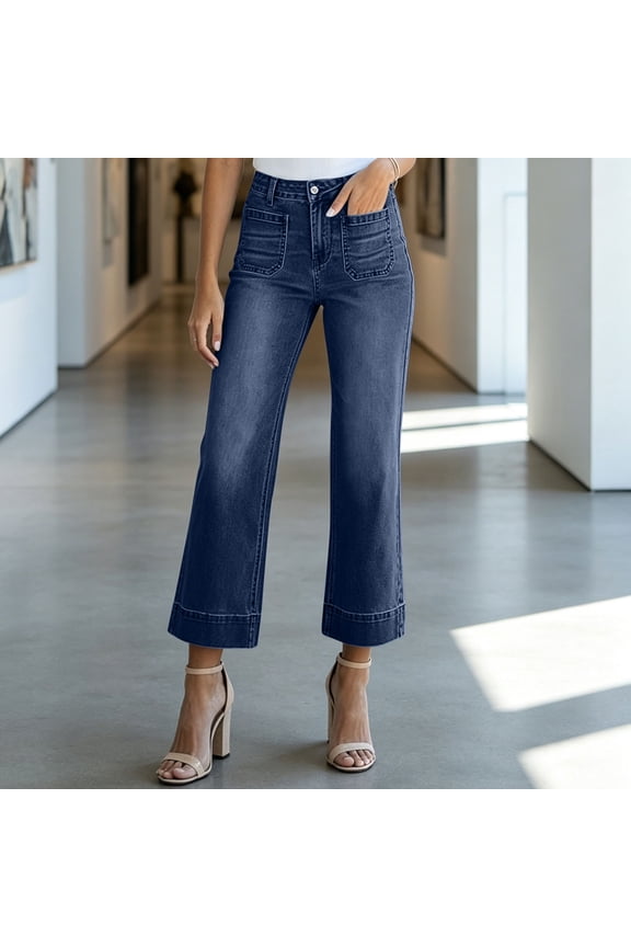 Womens Cropped Flare Jeans Dual Square Patch Front Pockets Button Zipper Fly High Waist Washed Denim Casual Ankle Length Bottoms