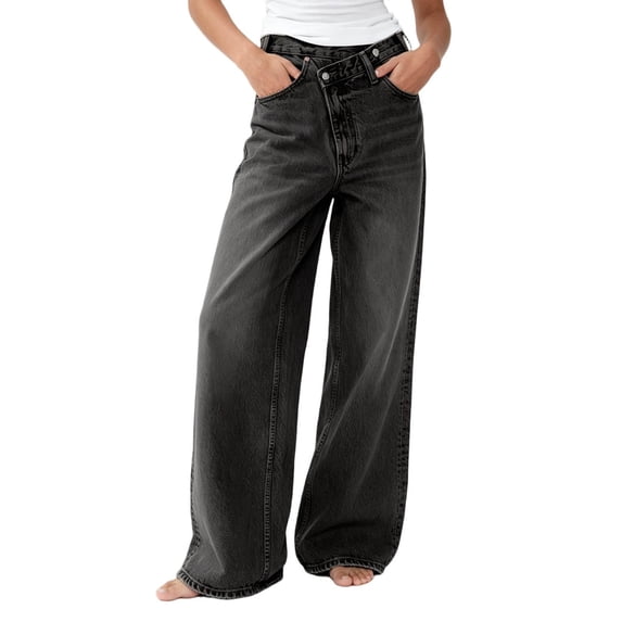 Costeam Womens Cross Waist High Waist Wide Leg Jeans Vintage Washed Denim Pants Button Zipper Fly with Pockets Casual Loose Fit Full Length Trousers
