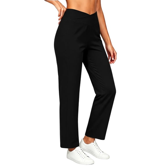 Costeam Womens Cross Wrap High Waist Straight Leg Pants Dual Side Insert Pockets Stretch Soft Knit Solid Color Cropped Casual Daily Walking Trousers