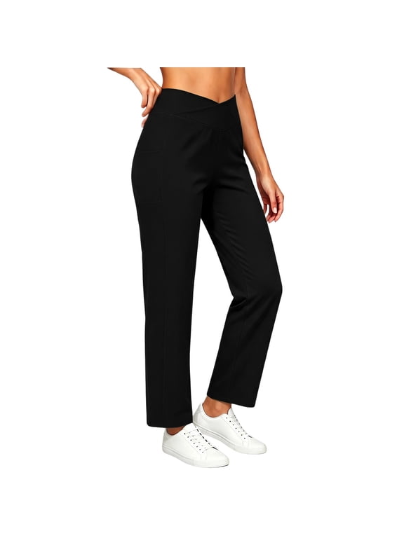 Womens Cross Wrap High Waist Straight Leg Pants Dual Side Insert Pockets Stretch Soft Knit Solid Color Cropped Casual Daily Walking Trousers
