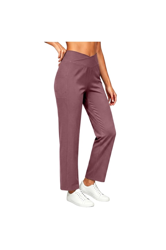 Womens Cross Wrap High Waist Straight Leg Pants Dual Side Insert Pockets Stretch Soft Knit Solid Color Cropped Casual Daily Walking Trousers