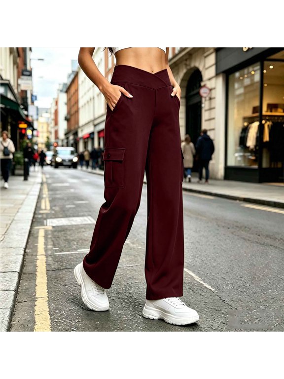 Womens Crossover V High Waist Cargo Wide Leg Pants Dual Side Flap Cargo Pockets 4 Way Stretch Tummy Control Full Length Casual Athletic Workout Long Trousers