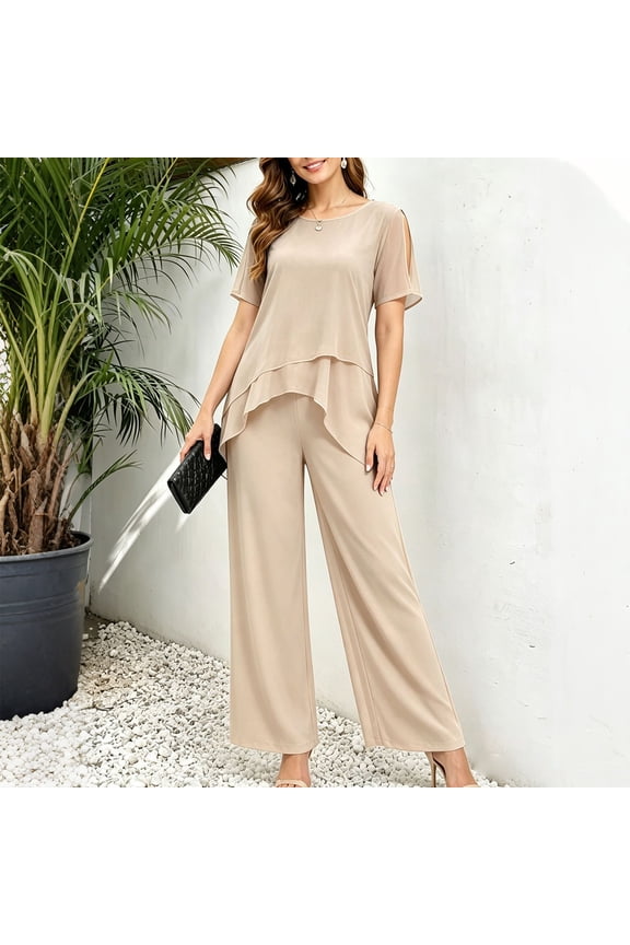 Womens Cut Out Short Sleeve Ruffle Layered Chiffon Top and Wide Leg Palazzo Pants Two Piece Outfit Solid Color Elastic Waist Flowy Lightweight Formal Casual Co Ord Set