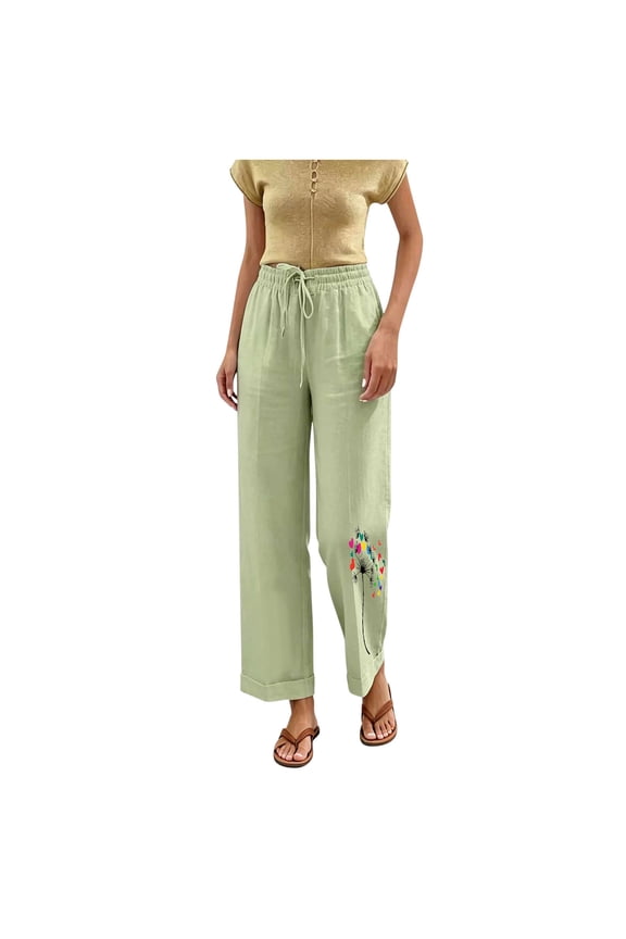 Womens Dandelion Print Linen Capri Pants Elastic Drawstring High Waist Side Pockets Cuffed Ankle Loose Fit Breathable Cropped Jogger Trousers