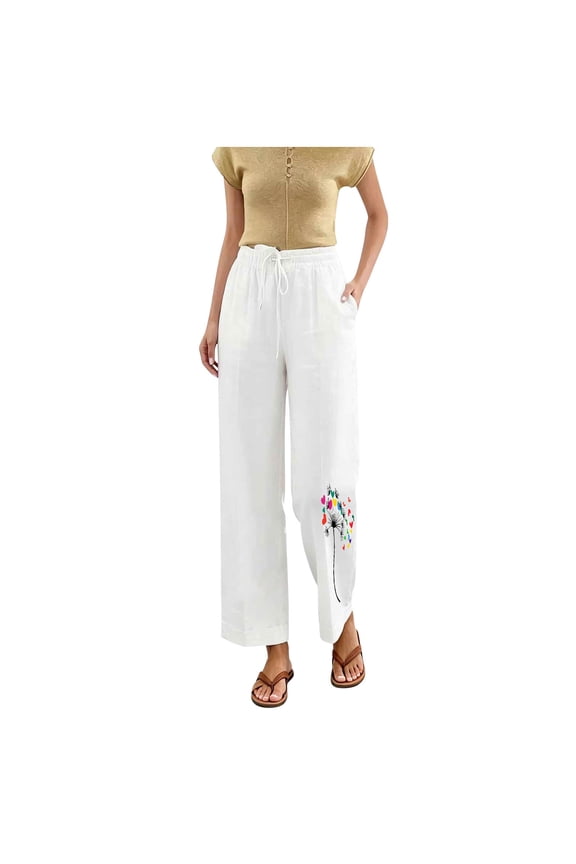 Womens Dandelion Print Linen Capri Pants Elastic Drawstring High Waist Side Pockets Cuffed Ankle Loose Fit Breathable Cropped Jogger Trousers