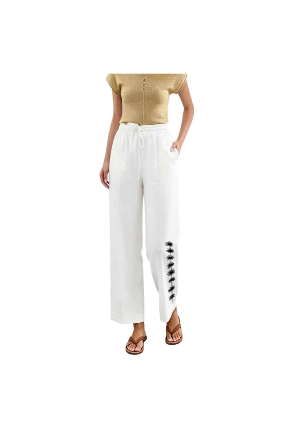 Womens Dandelion Print Linen Capri Pants Elastic Drawstring High Waist Side Pockets Cuffed Ankle Loose Fit Breathable Cropped Jogger Trousers