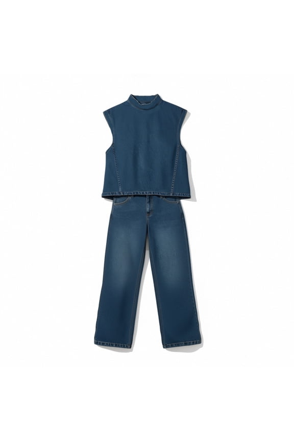 Womens Denim Matching Two Piece Outfit Sleeveless Ruffle Mock Neck Tank Top Full Belt Loops Wide Leg Denim Pants Side Slip Pockets Loose Full Length Casual Jean Set