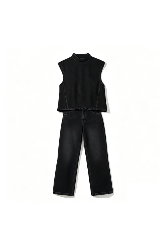Womens Denim Matching Two Piece Outfit Sleeveless Ruffle Mock Neck Tank Top Full Belt Loops Wide Leg Denim Pants Side Slip Pockets Loose Full Length Casual Jean Set