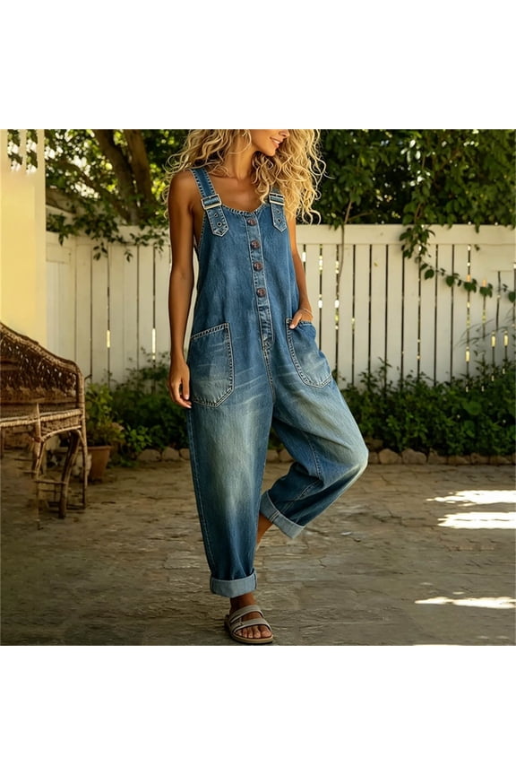 Womens Denim Overall Jumpsuit Sleeveless Adjustable Shoulder Straps Dual Side Hand Pockets Full Length Straight Leg Casual Fashion One Piece Jean Overalls